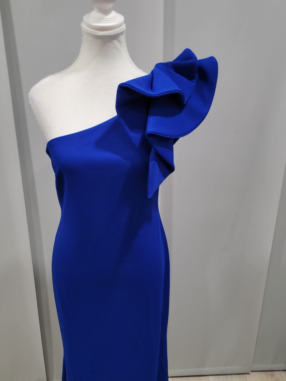 Joseph Ribkoff One-Shoulder Ruffle Gown in Cobalt Blue - Picture 3 of 8